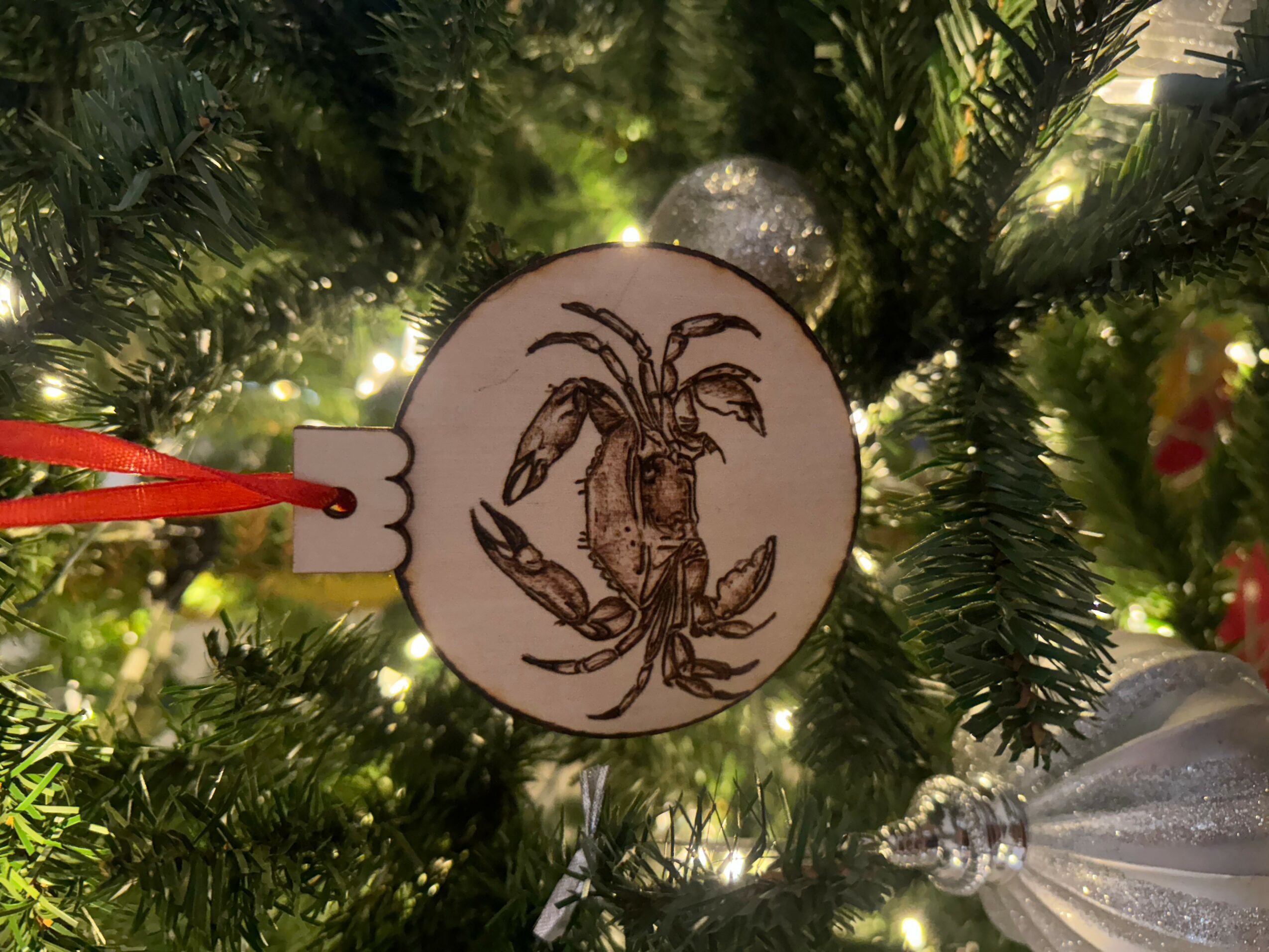 Hand-drawn scorpion illustration on a round ornament hanging on a Christmas tree.