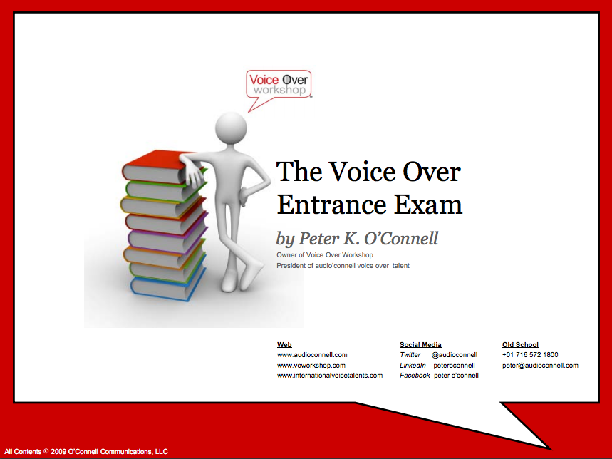 Cover slide for The Voice Over Entrance Exam presentation with a figure, books, and text.