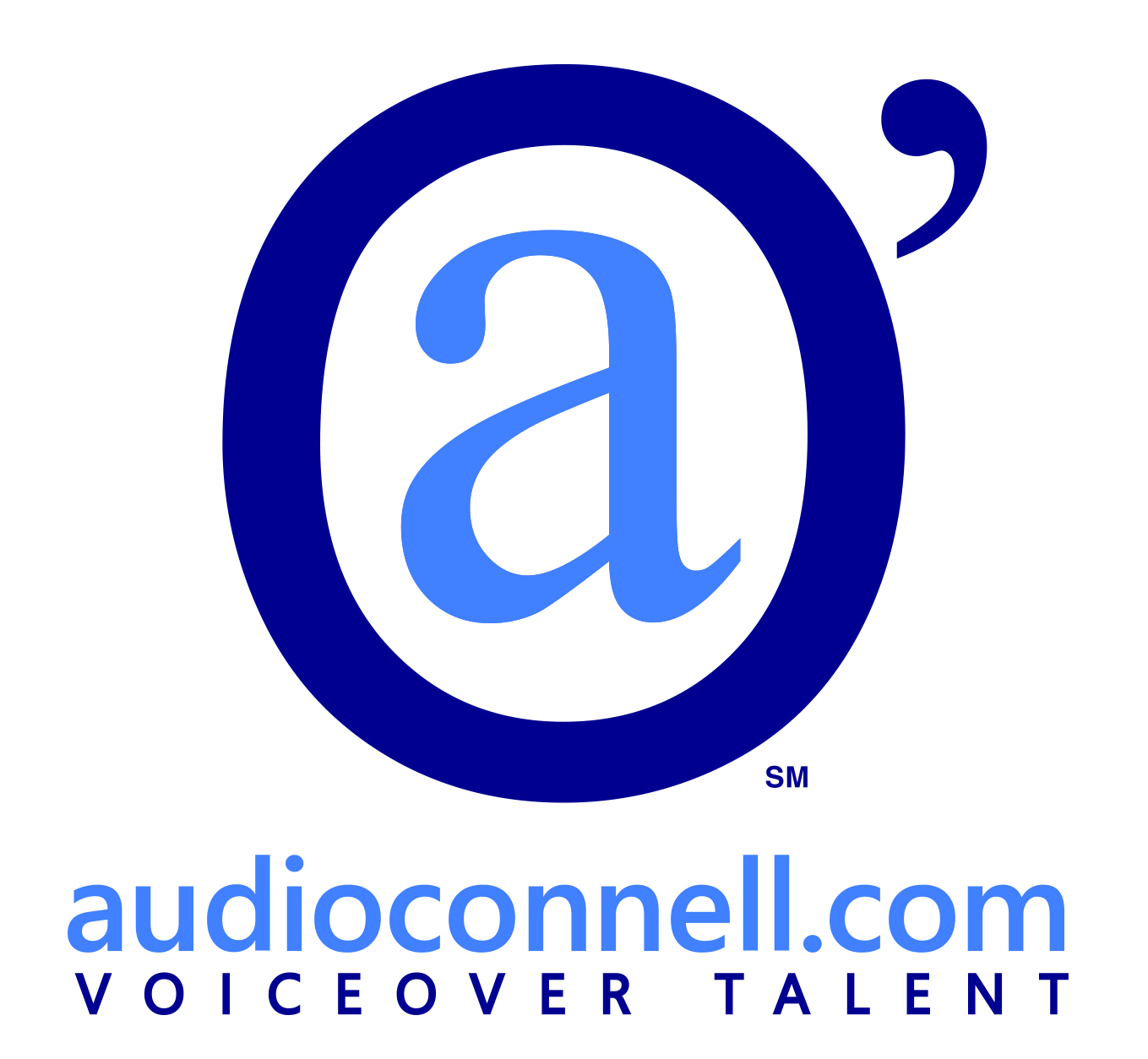 Logo with a blue lowercase 'a' inside a dark blue circle, with text 'audioconnell.com' and 'VOICEOVER TALENT' below.