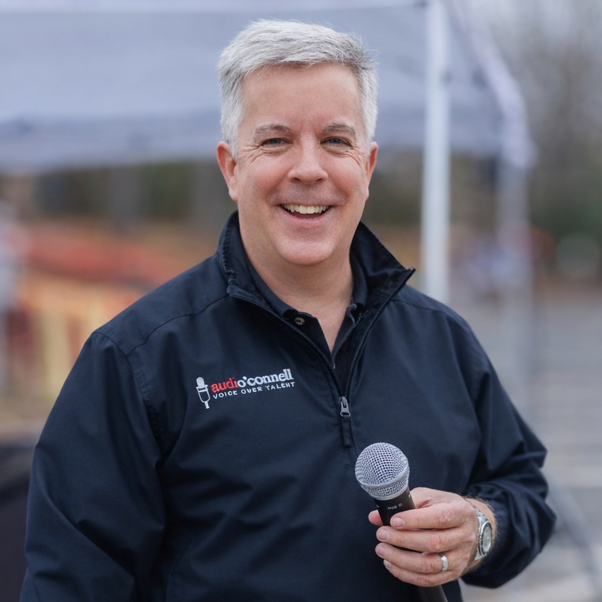 Smiling man holding a microphone outdoors, wearing a dark jacket with a logo, with a blurred background.