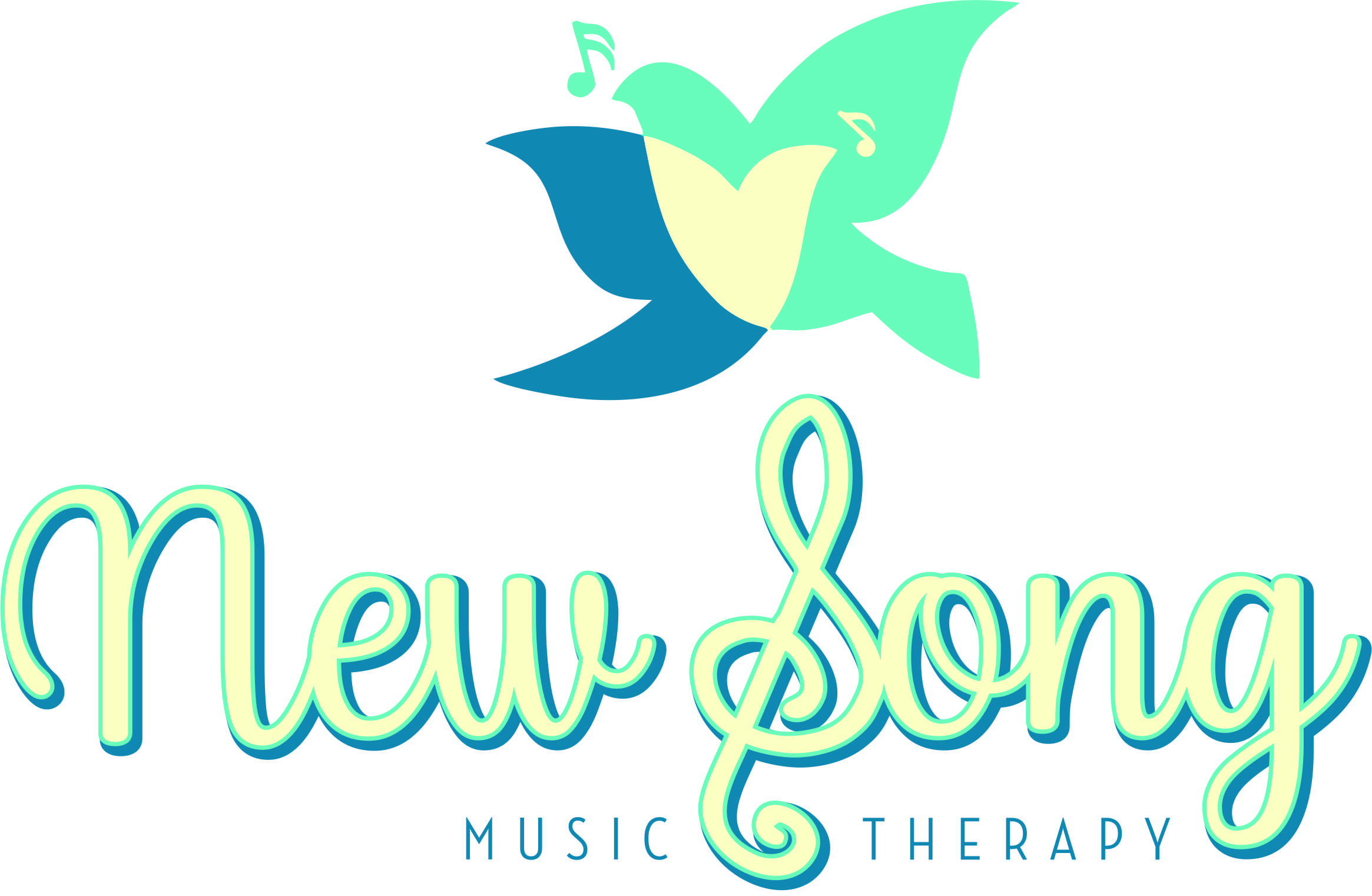 Logo with a stylized bird, musical note, and the text 'New Song Music Therapy'.