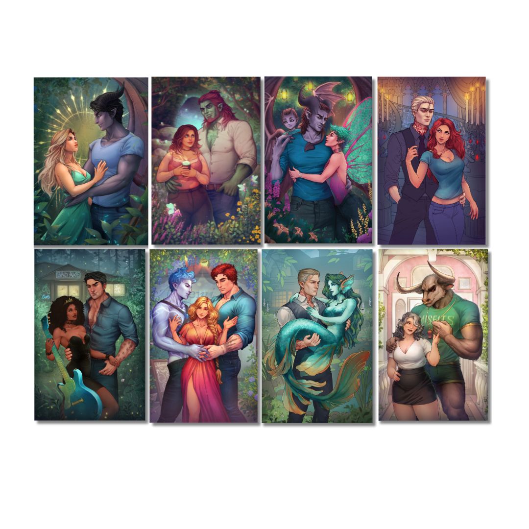 Eight fantasy-style illustrations of couples and creatures in various romantic and whimsical scenes.