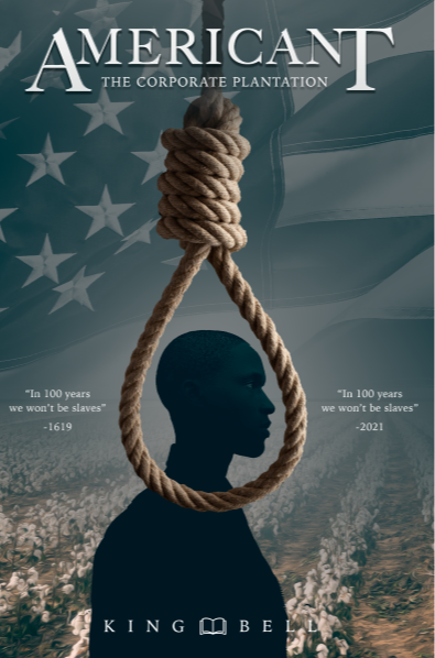 Silhouette of a person with a noose around their neck, American flag background, and text about American history.