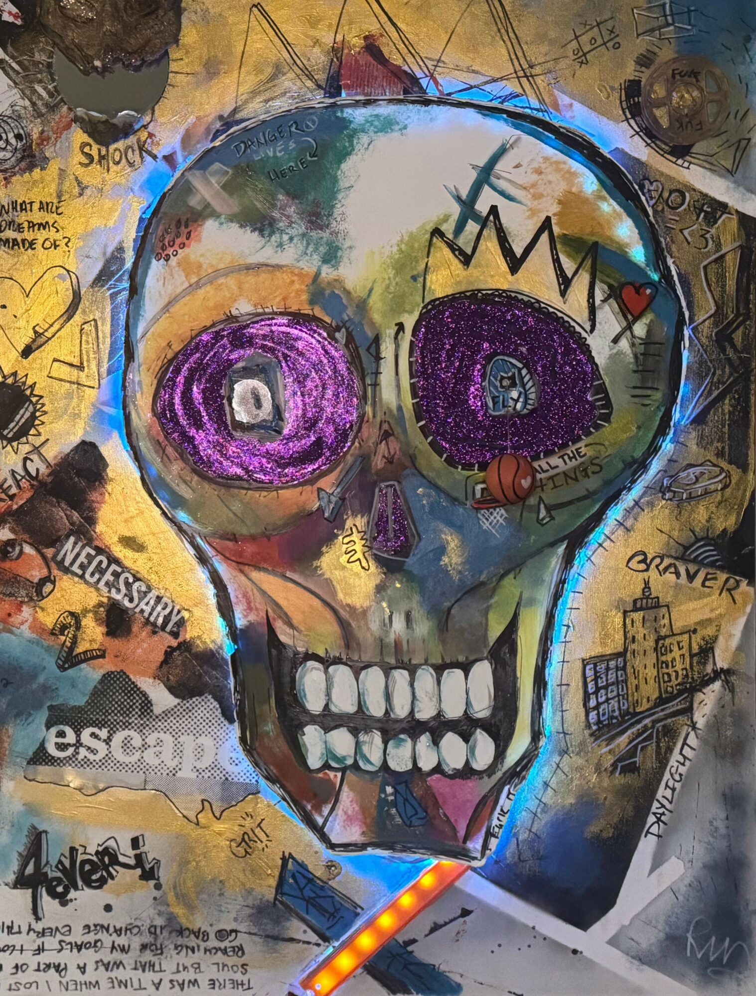 Colorful skull with purple eyes, surrounded by graffiti and text, on a yellow background.