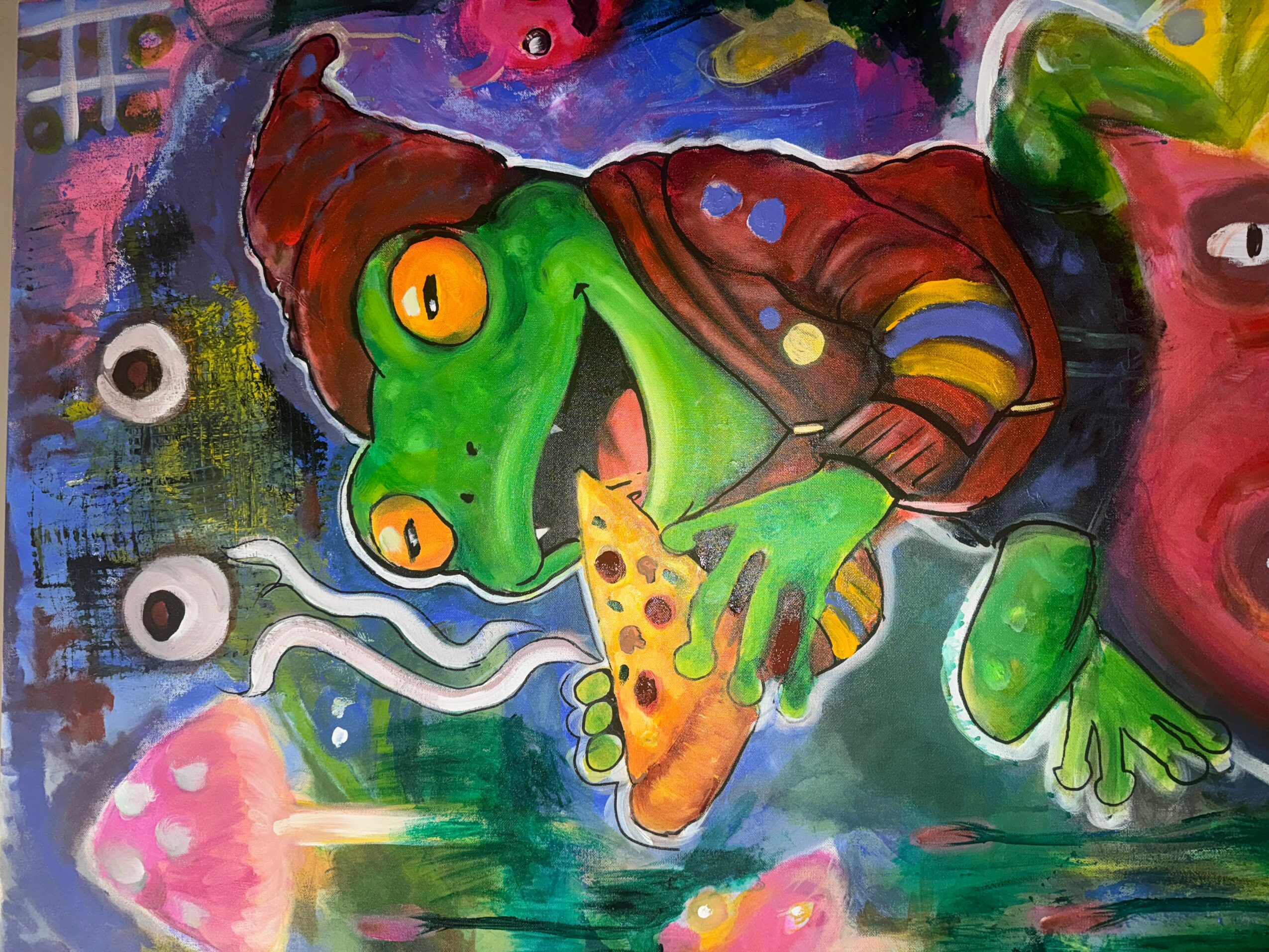 Colorful painting of a green crocodile wearing a brown jacket, holding a yellow pizza slice with black spots.