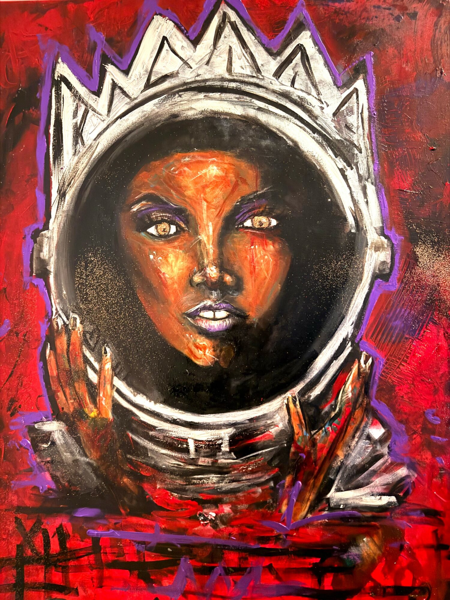 Portrait of a woman with dark skin, wearing an astronaut helmet, against a red and purple background.