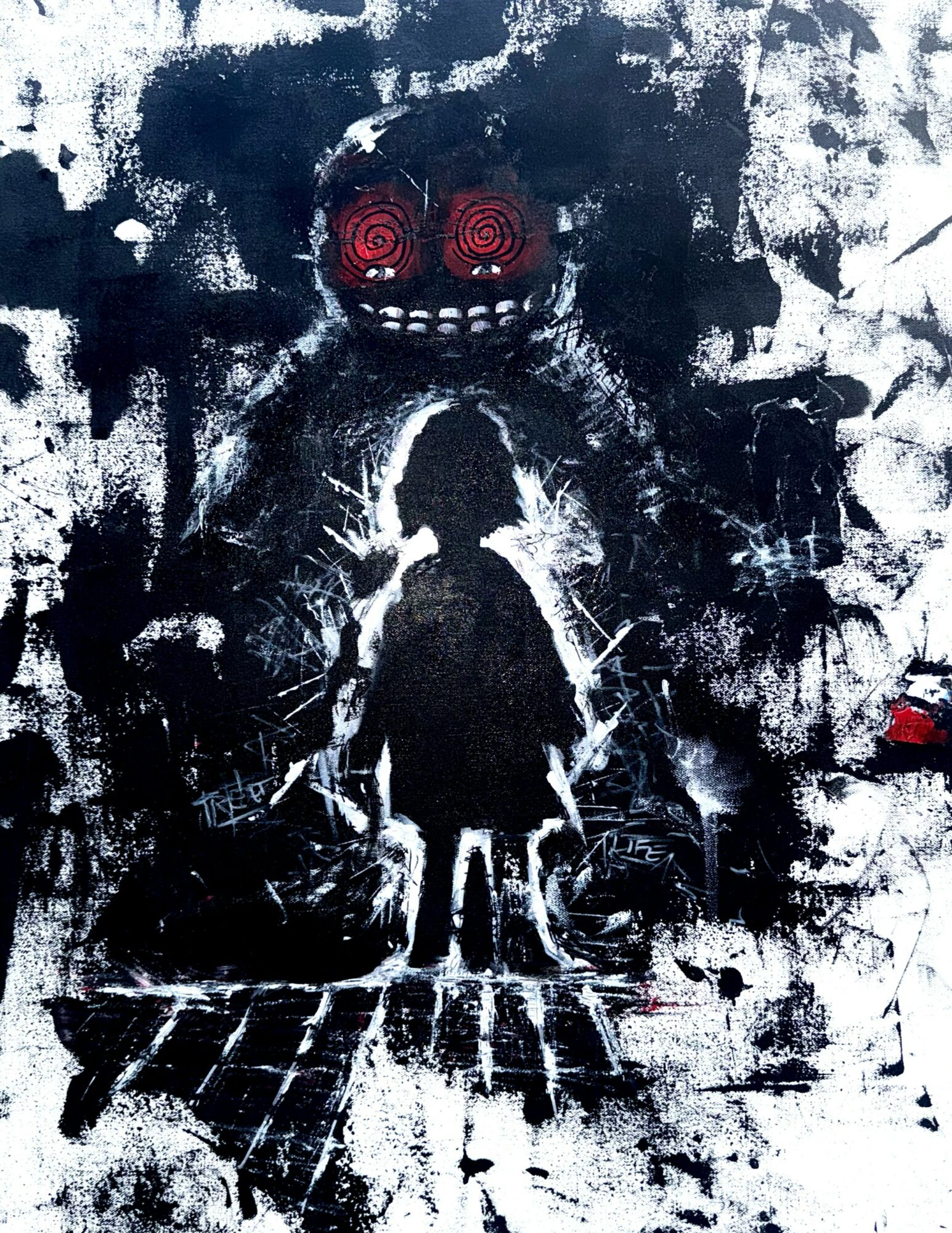 Silhouette of a child walking on a wooden path towards a large, menacing face with spiral eyes and a wide grin.