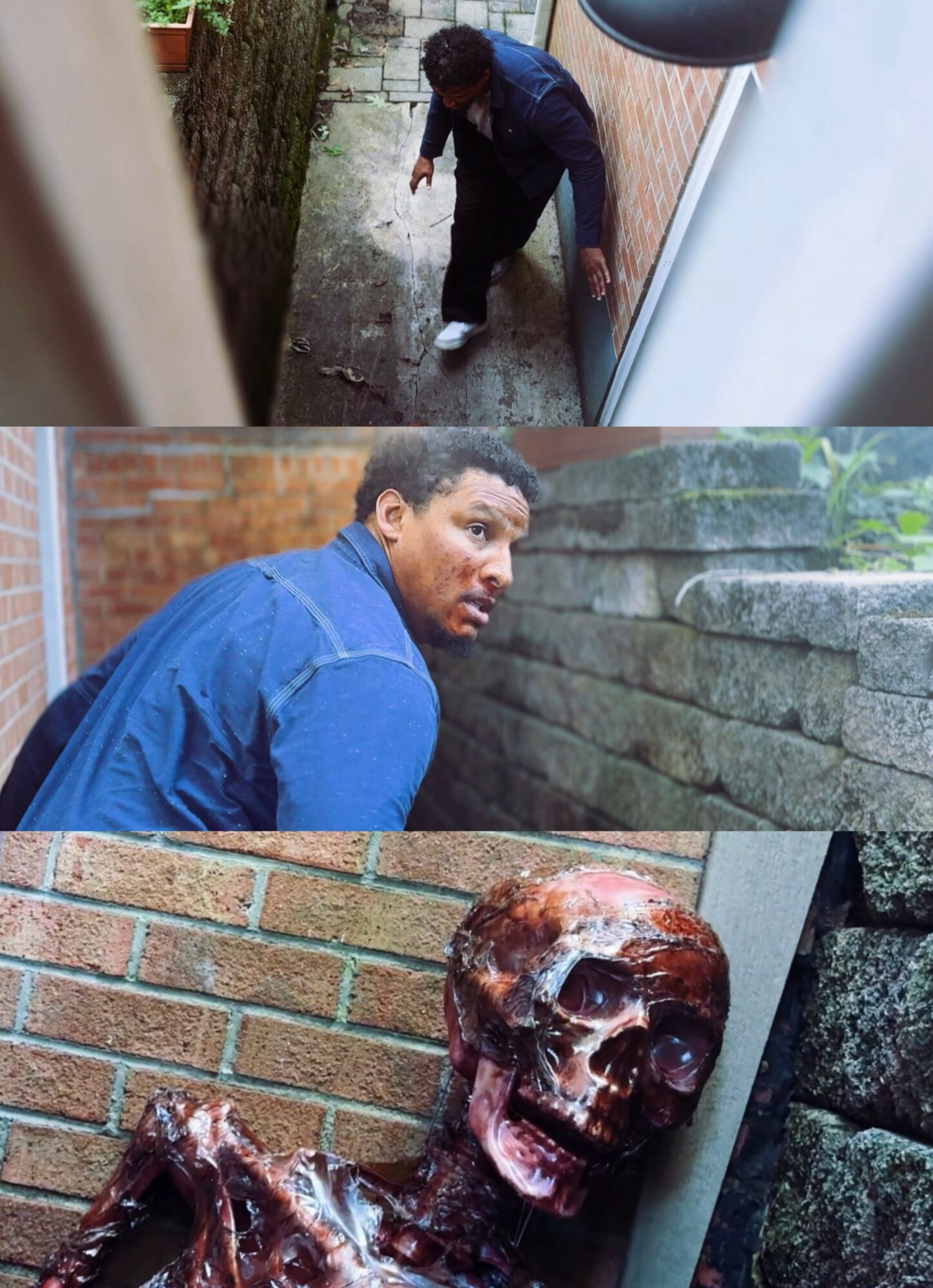 Three images: a person standing outside, a man sitting against a brick wall, a realistic skull sculpture.