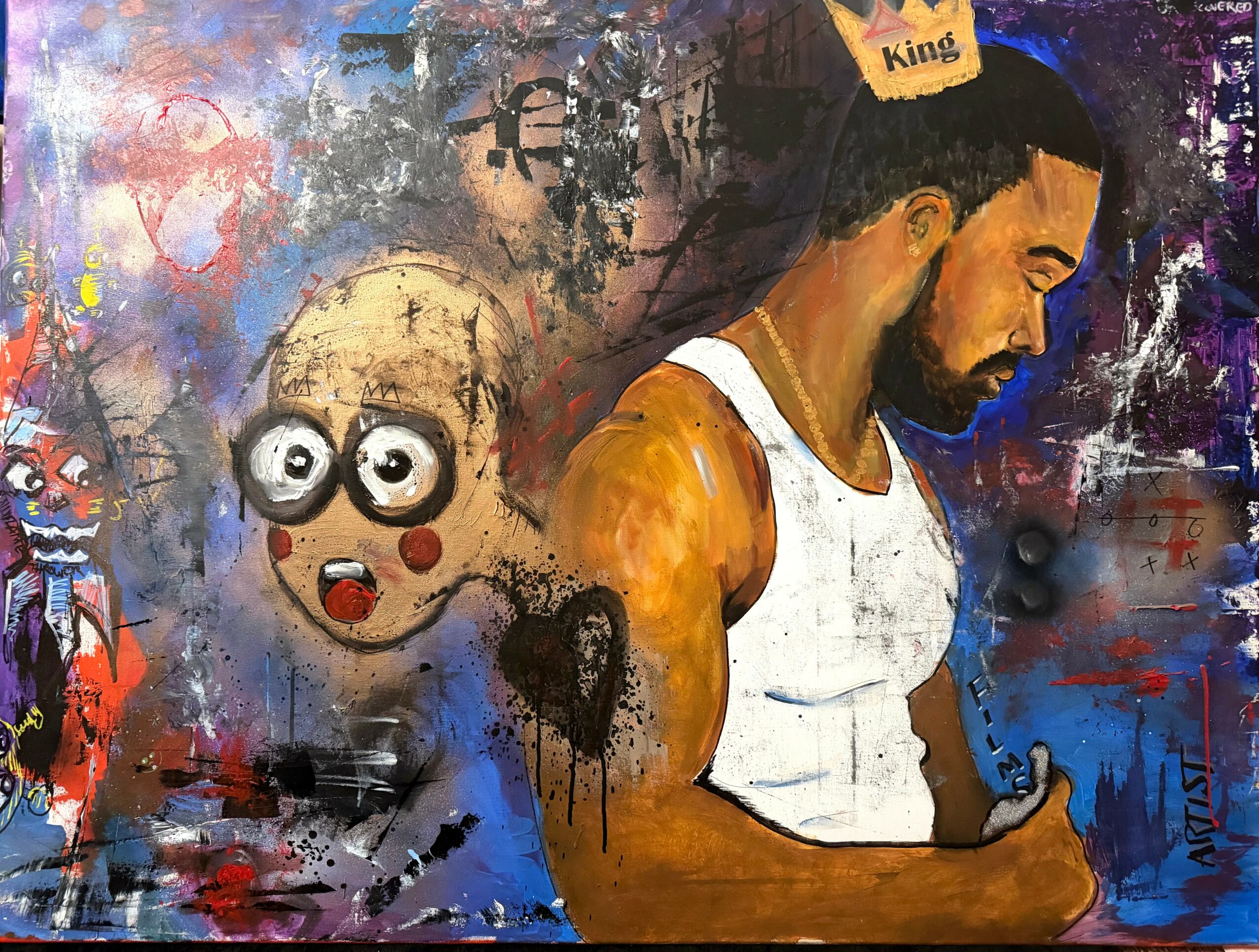 Painting of a man with a beard in a white tank top, looking down, with colorful abstract background and a cartoonish face.