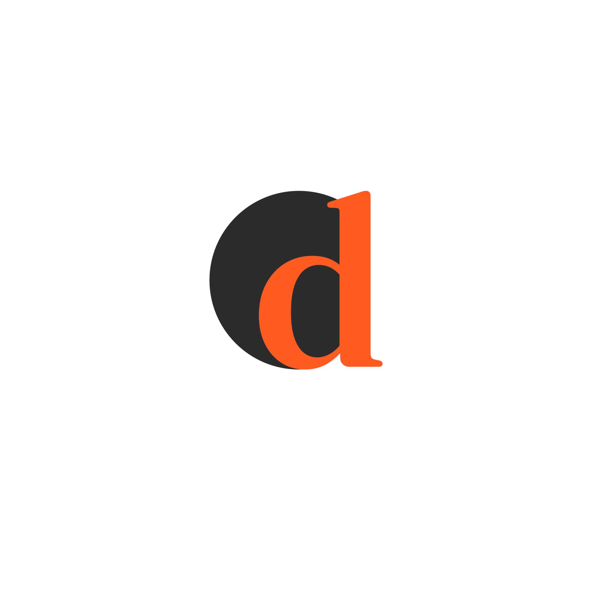 Black background with a gray circle and an orange lowercase letter 'd' inside.