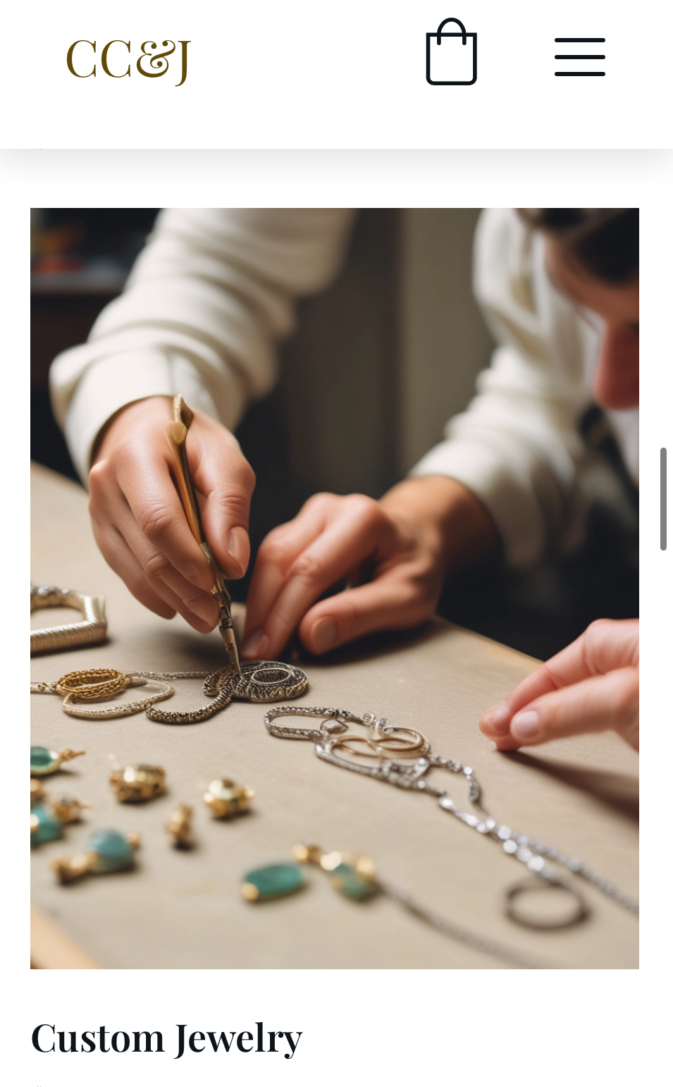 Person working on jewelry with tools, various jewelry pieces on table, focusing on hands and jewelry details.