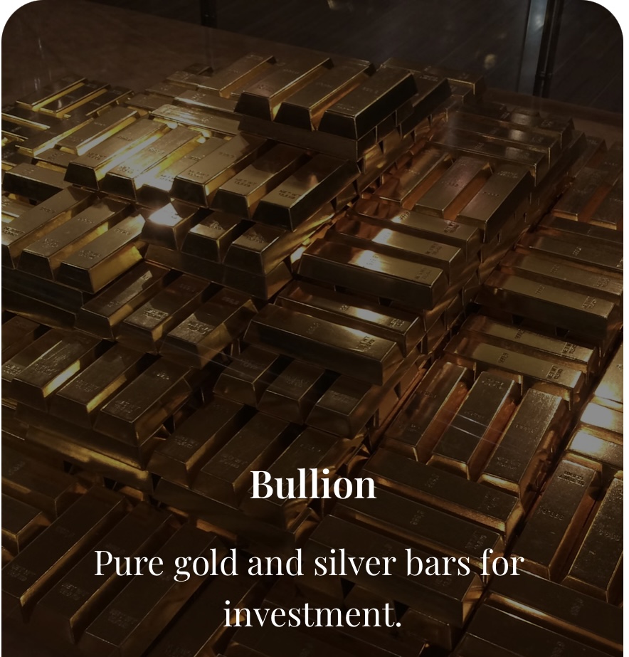 Stacks of gold and silver bars labeled as bullion for investment.