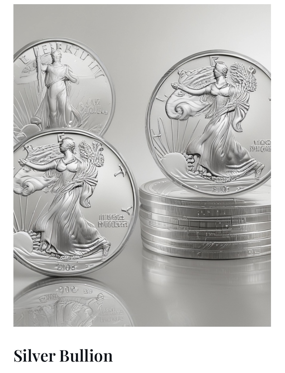 Stack of silver bullion coins with detailed designs, some coins leaning against each other, on a reflective surface.
