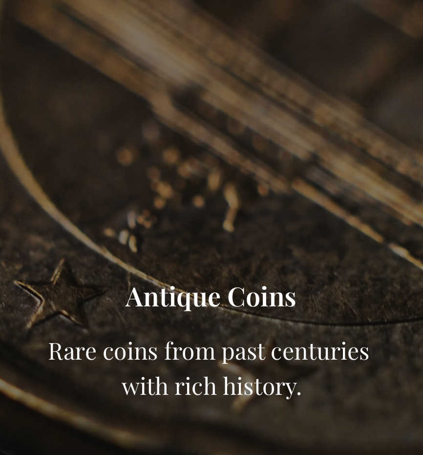 Close-up of antique coins with text about rare coins from past centuries and rich history.