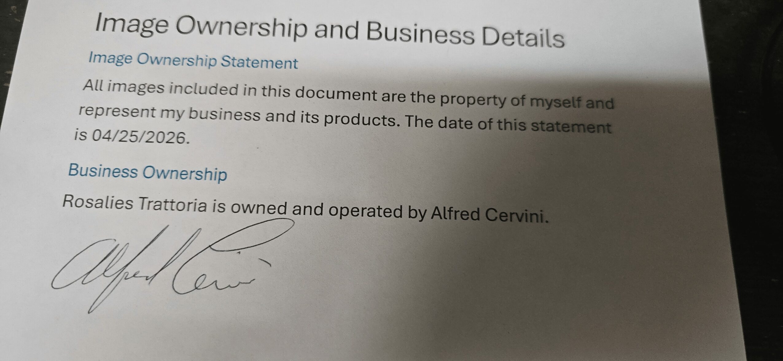 Document with ownership and business details, signature at the bottom, and text about ownership and date.