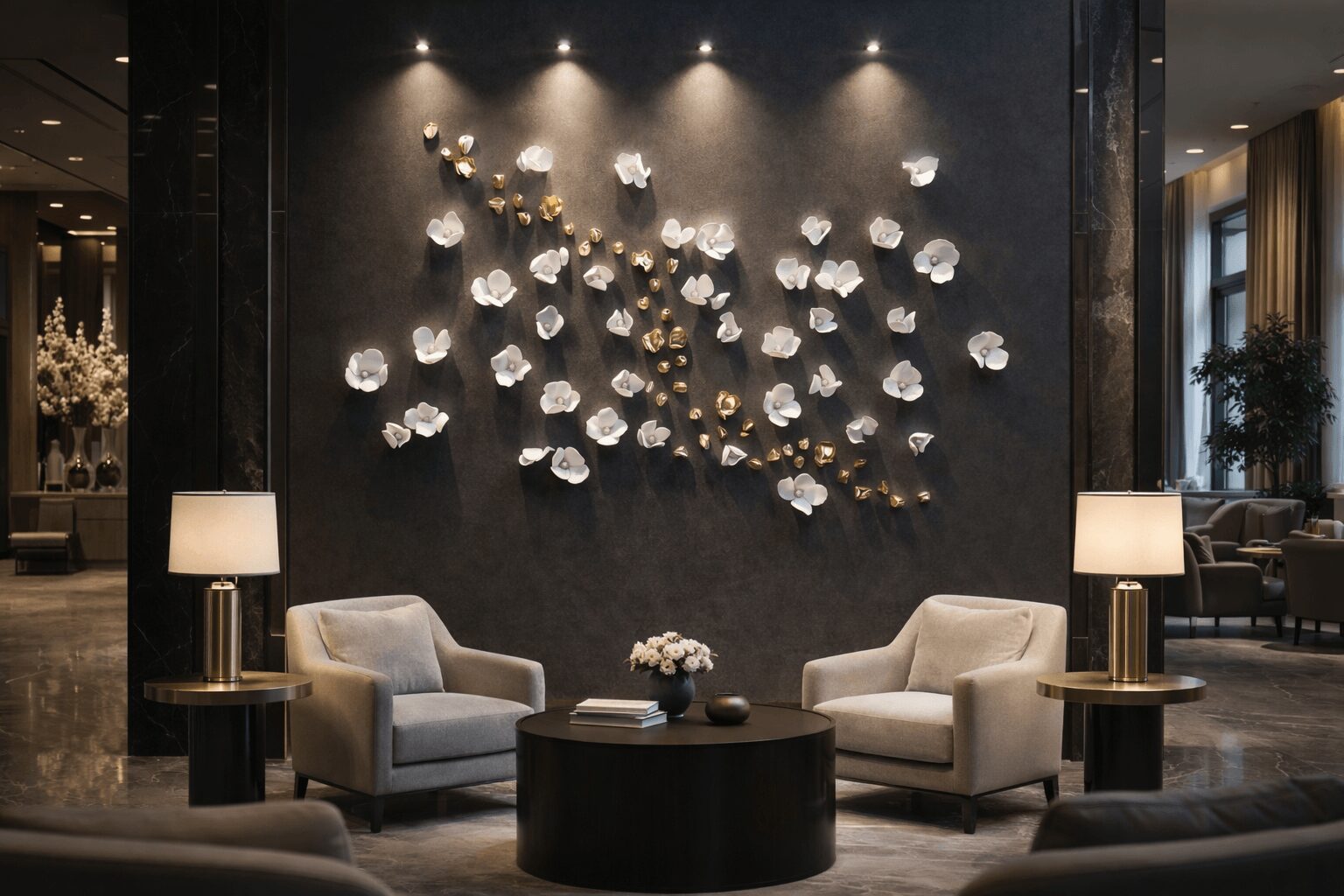 Lobby with two armchairs, a round table with a flower arrangement, and wall art with white flowers, lamps on side tables.