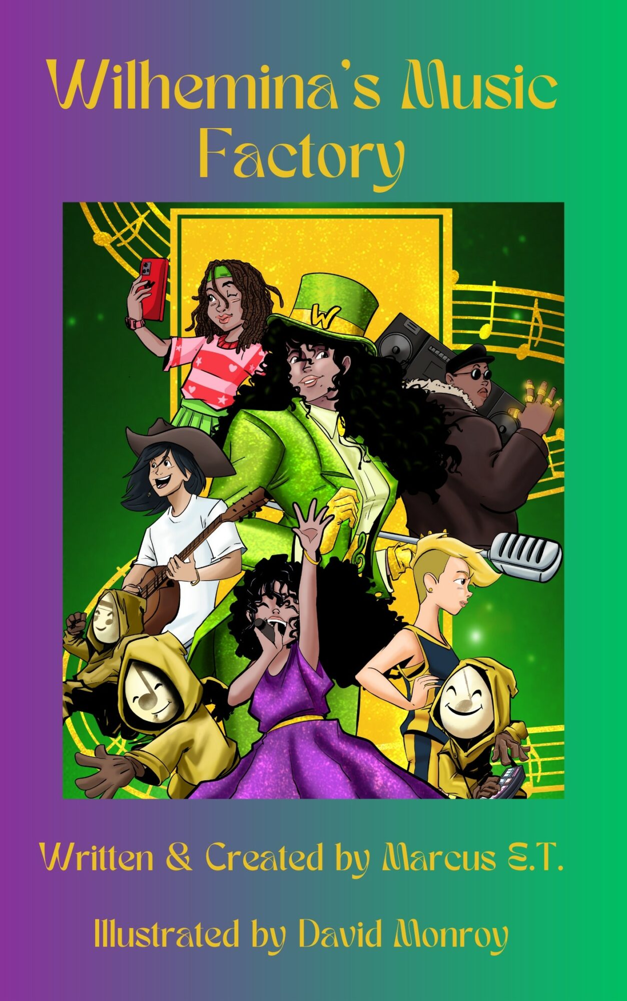Colorful cover with animated characters, musical notes, and a green background, titled 'Willhemnia's Music Factory' by Marcus S.T.