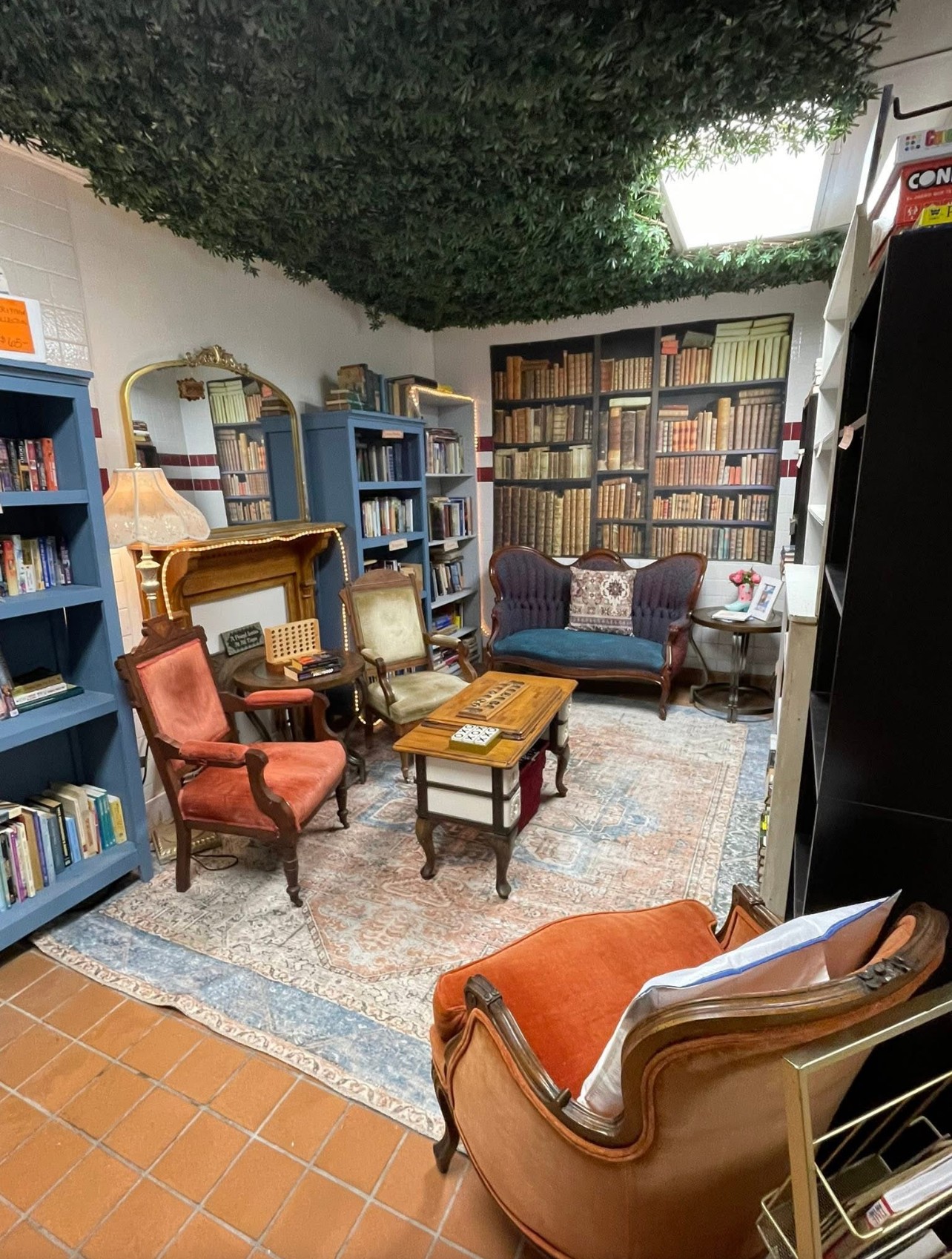 Room with bookshelves, armchairs, a sofa, and a coffee table, decorated with a rug and a ceiling with greenery.
