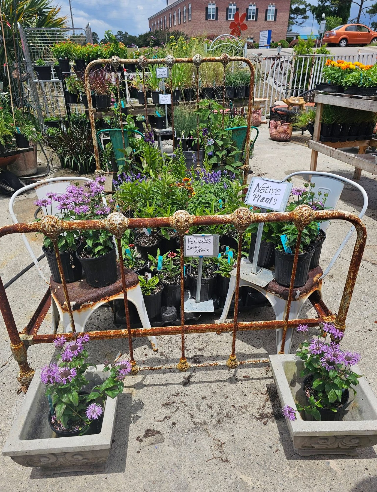 Rusty metal garden cart filled with potted flowering plants, two white planters with purple flowers in front, outdoor setting.