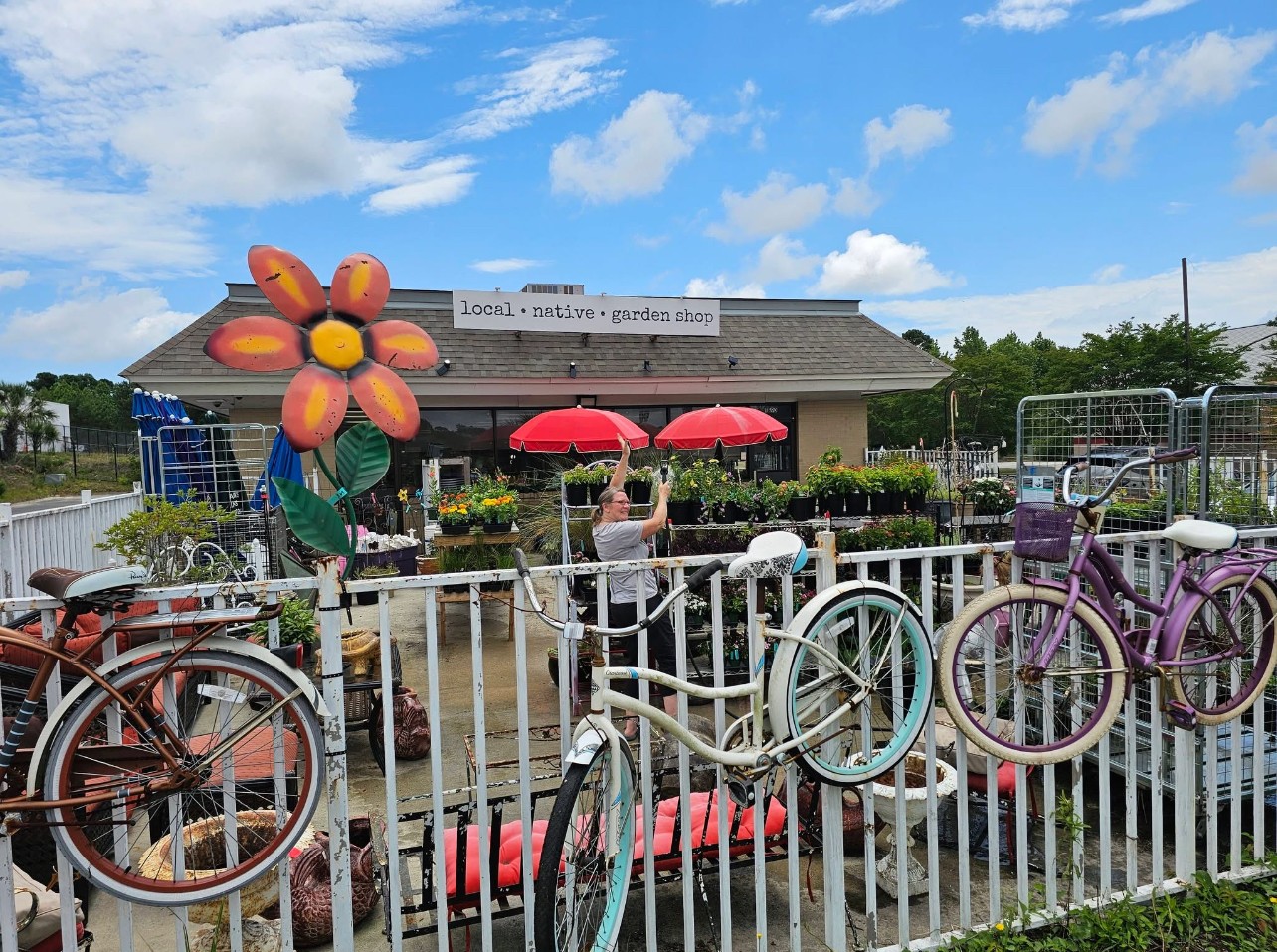 Colorful bicycles lined up in front of a building with a flower decoration and red umbrellas, under a blue sky with clouds.