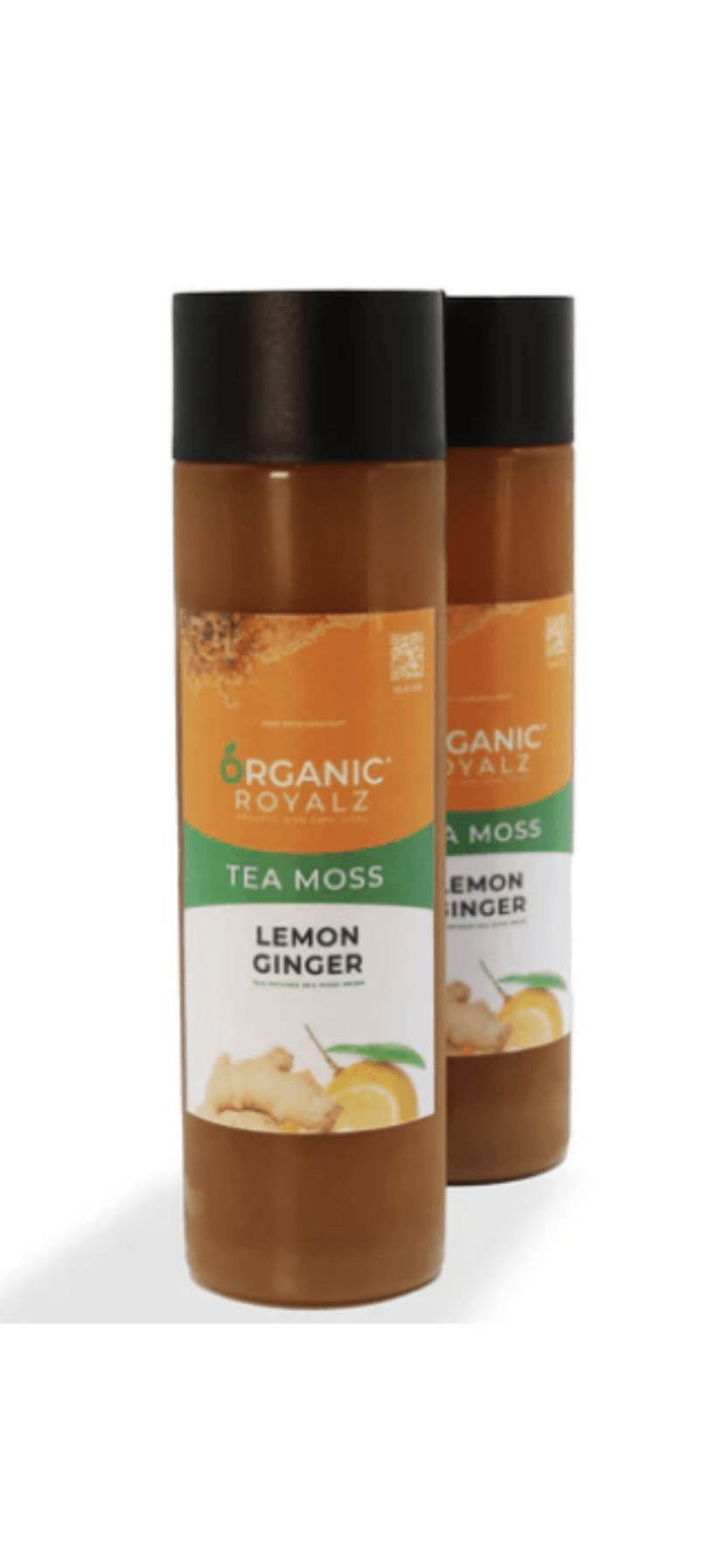 Two bottles of organic tea moss with lemon ginger flavor, standing upright against a white background.