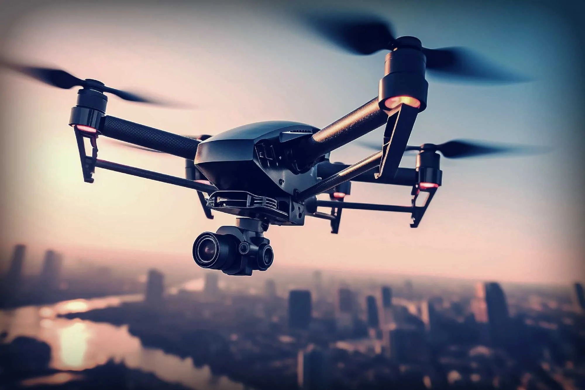 Quadcopter drone flying over a city skyline at sunset with a camera attached underneath.