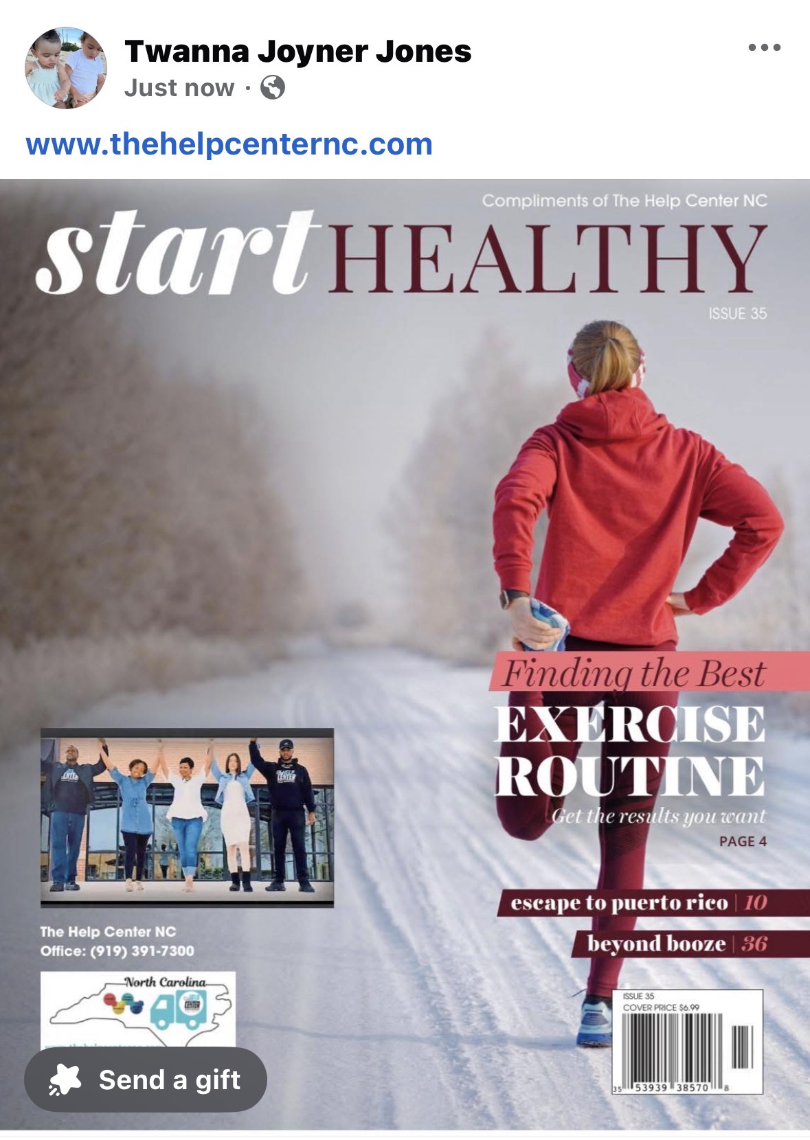 Person in red jacket walking on a snowy road with trees in the background, magazine cover with health and exercise themes.