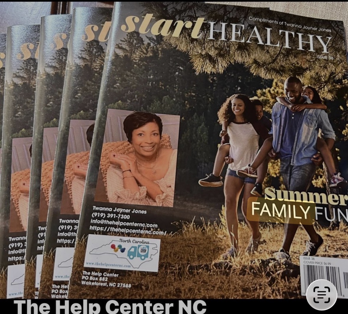 Magazine cover with children playing outdoors, a woman smiling, and text about summer family fun, with a small photo of a woman.