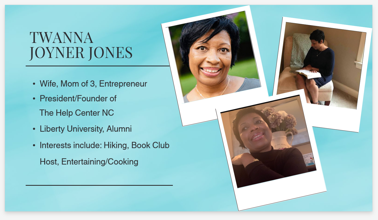 Business card for Twanna Joyner Jones with three photos of her smiling, reading, and lying down, on a blue background.