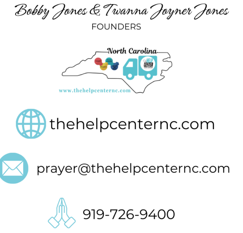 Business card with names, website, email, phone, and a map of North Carolina. Contains icons for website, email, and prayer. Word count: 20
