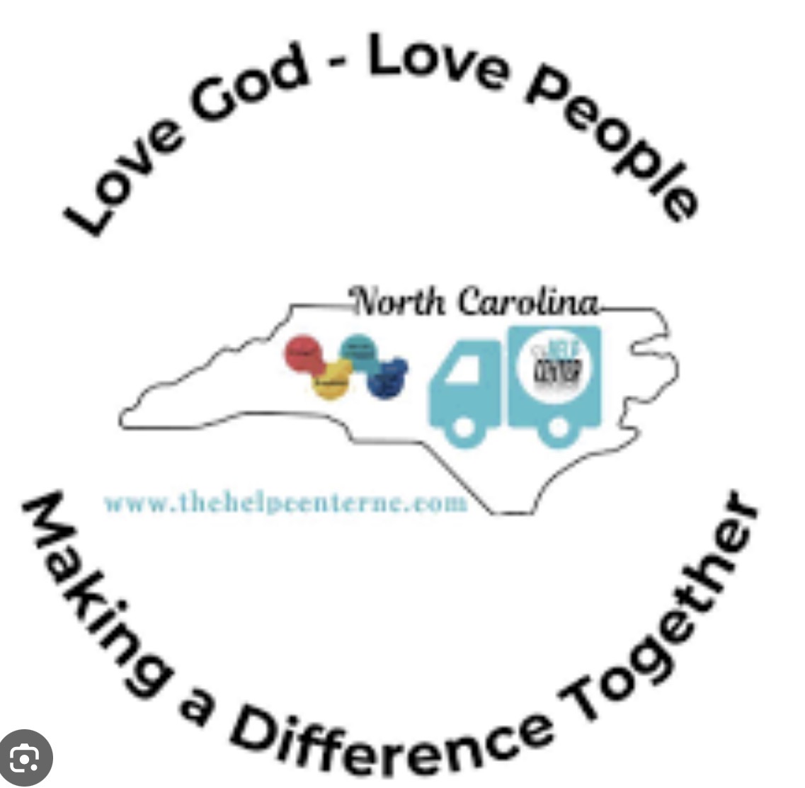 Outline of North Carolina with colorful ducks, a truck, and website link, surrounded by text about love and unity.