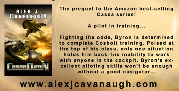 Book cover with a spaceship and text about the Cassa series and author Alex J. Cavanaugh.
