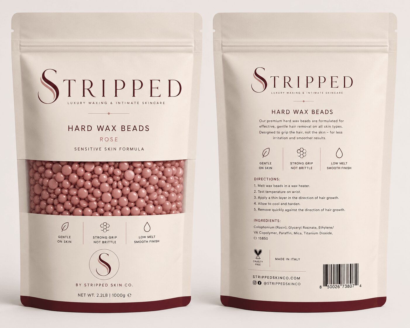 Front and back of a white resealable bag of pink hard wax beads, labeled 'Stripped' for sensitive skin, with product details.