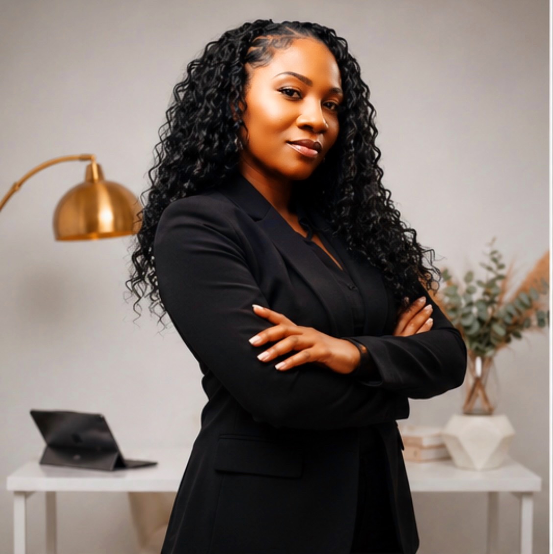 Confident woman with curly hair in a black blazer standing with arms crossed in an office setting.