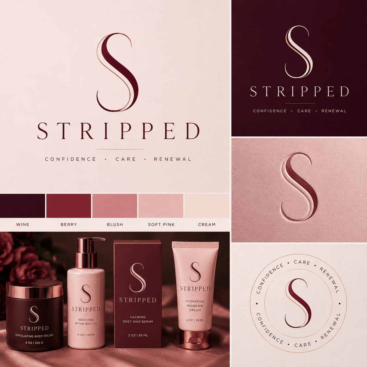 Product packaging with a large letter 'S' and the word 'STRIPPED' below, along with skincare products and color swatches.