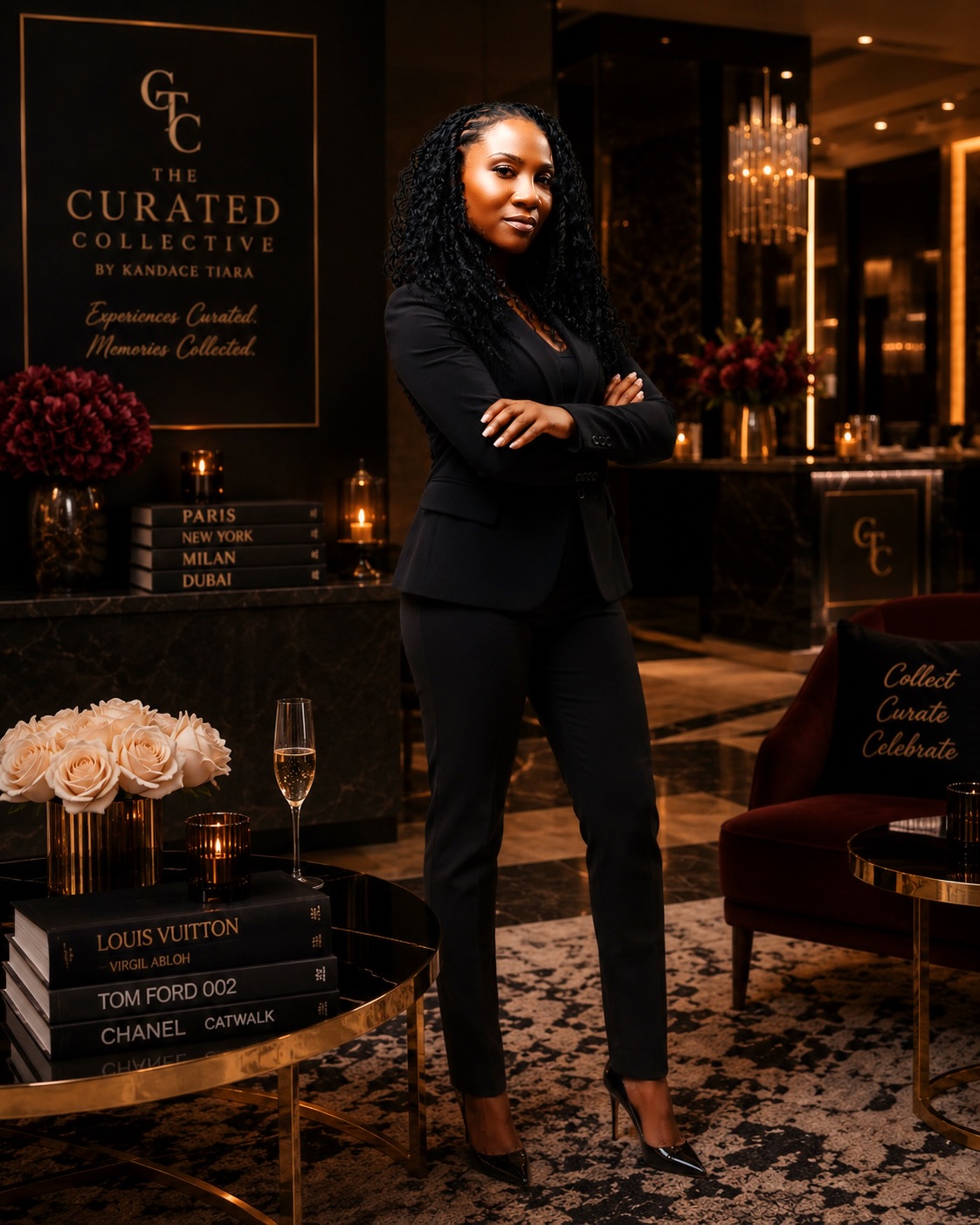 Woman in black suit standing with arms crossed in a luxurious event space with elegant decor and a sign in the background.