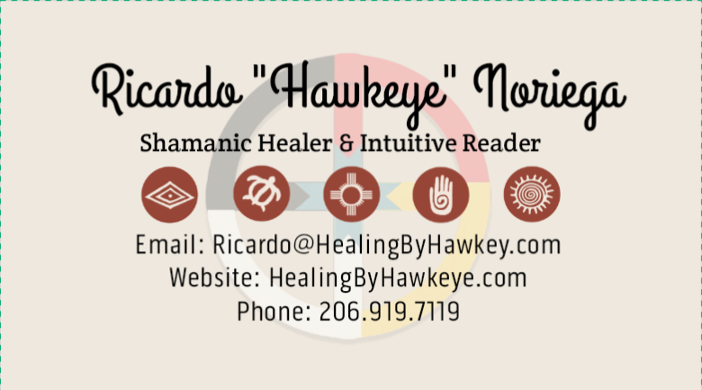 Business card with name, contact info, and icons for healing and reading services, including email, website, and phone number.