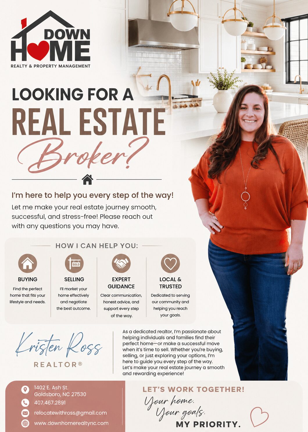 Smiling woman in a kitchen with text about real estate brokerage services, contact information, and a logo, in a bright, modern space.