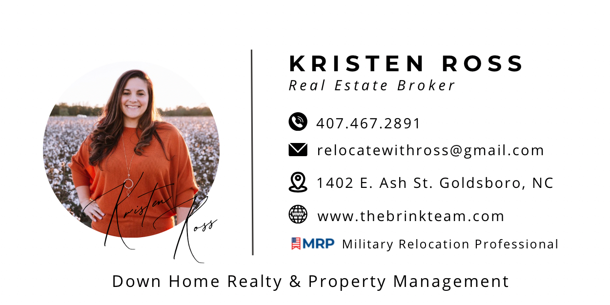 Business card with a woman in an orange top, contact details, and logo for real estate services.