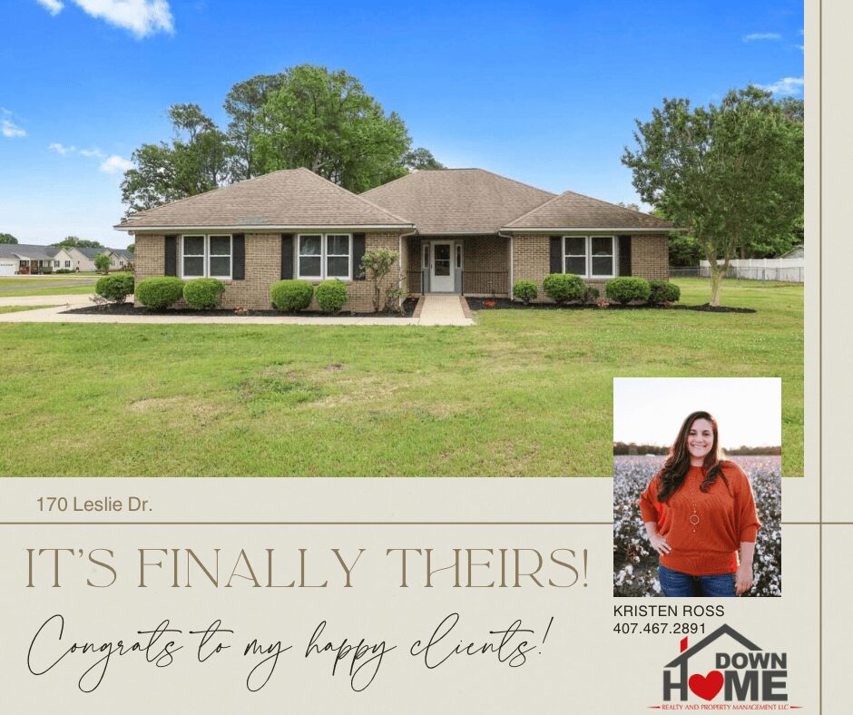 Single-story brick house with a front lawn, trees, and a clear blue sky. Small inset photo of a woman in an orange top. Text congratulates clients.