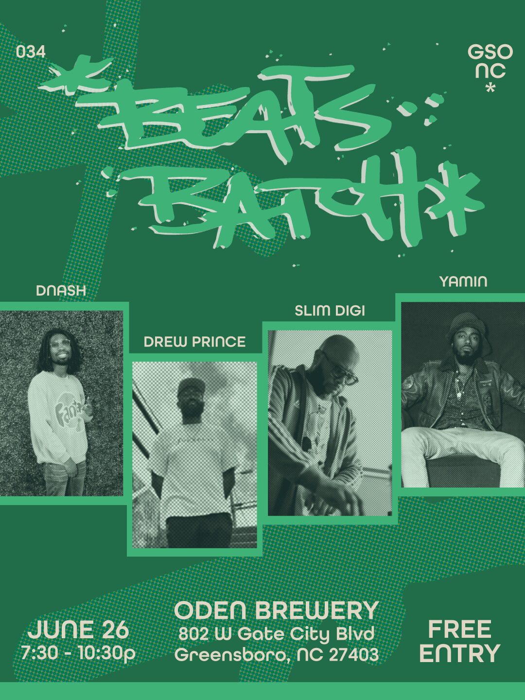 Event poster with green background, featuring four black-and-white photos of people, event details, and stylized text reading 'HEATS BATCH'.