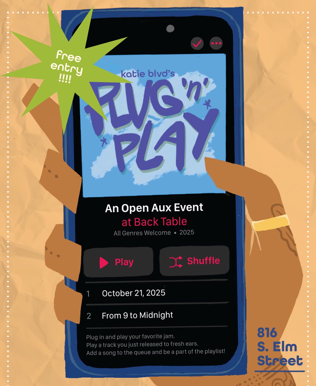 Smartphone screen displays event details with a green starburst saying 'Free entry!!!' and a blue logo reading 'KIDS 'n' PLAY'.
