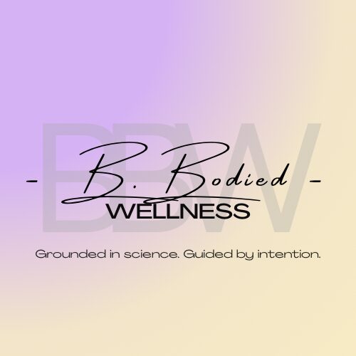 Text logo with cursive and bold fonts, reading 'B. B. Bodied WELLNESS', on a gradient background, with a tagline below.
