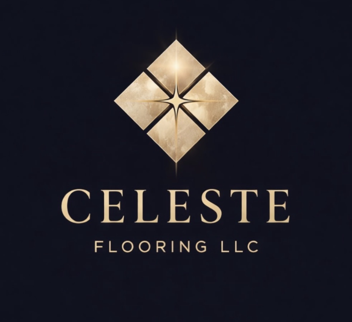 Logo with a gold geometric shape above the text 'CELESTE FLOORING LLC' on a dark background.