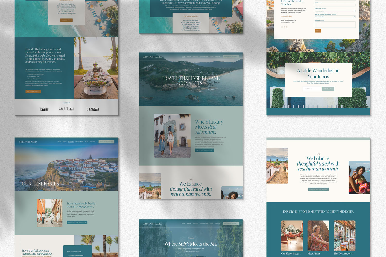 Collection of various brochure and flyer designs with images of landscapes, buildings, and text layouts.