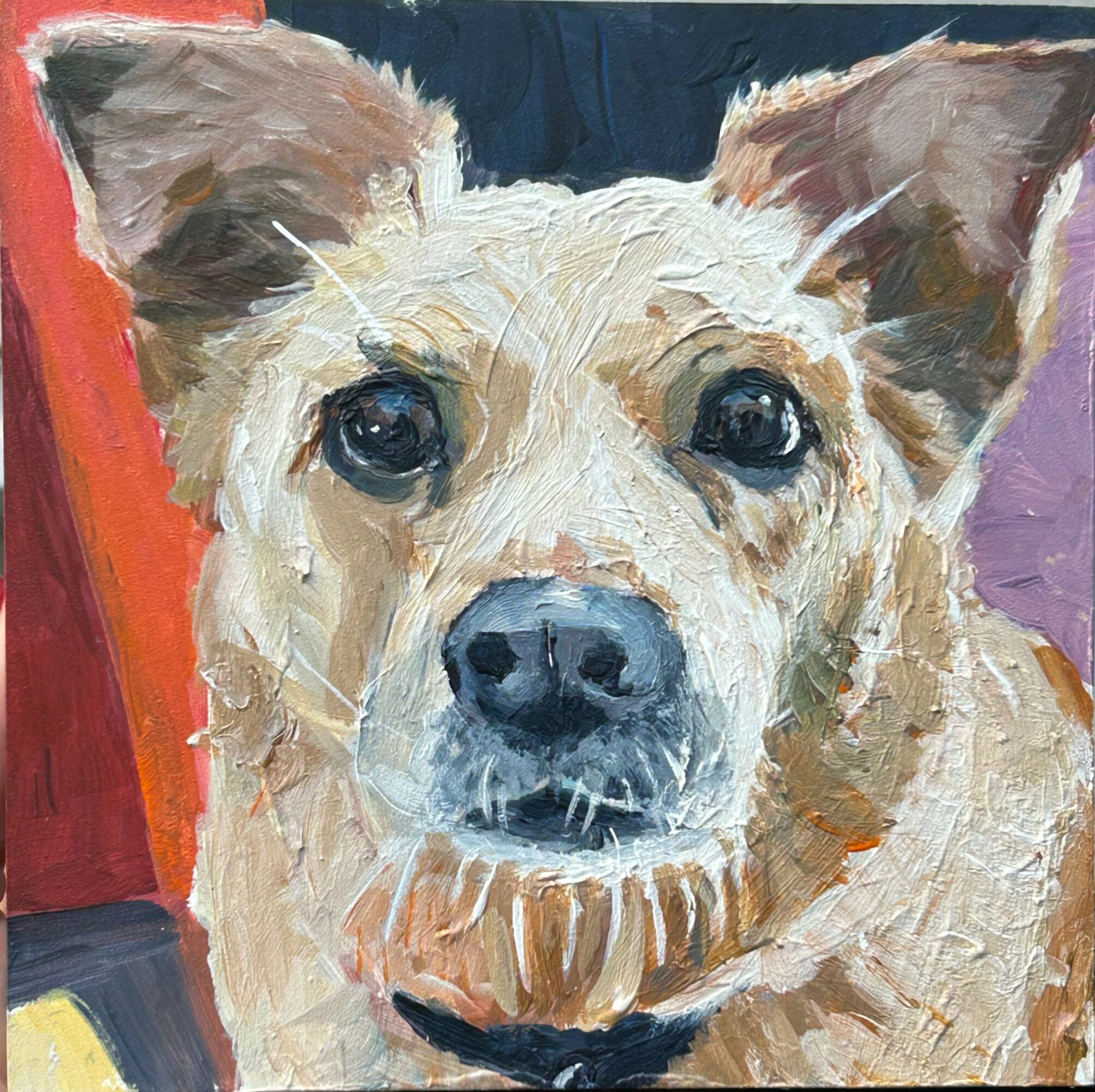 Close-up of a dog with tan fur, large dark eyes, and upright ears, painted with textured brushstrokes.