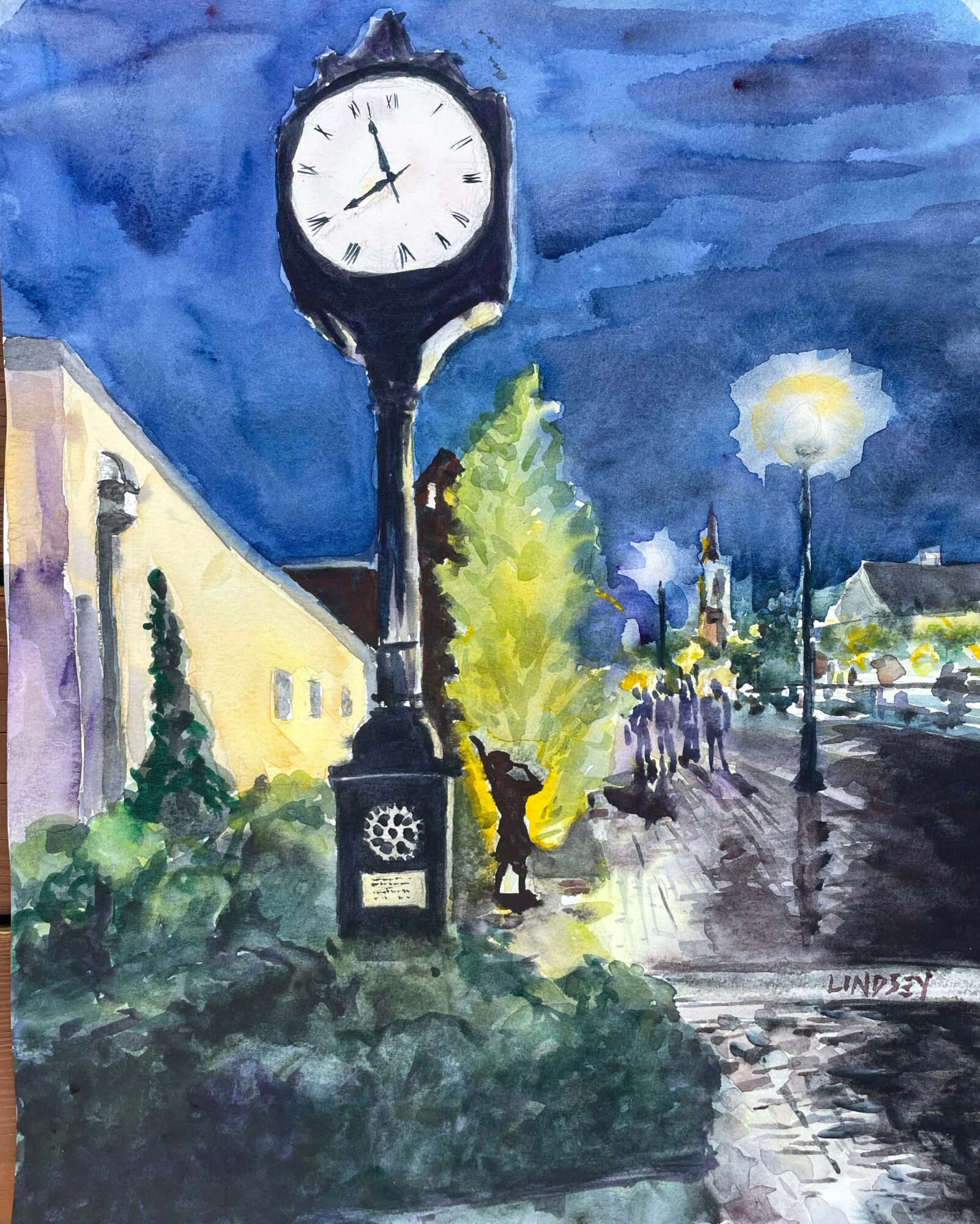 Night scene with a large clock on a pole, people walking, trees, and streetlights, painted in watercolor style.