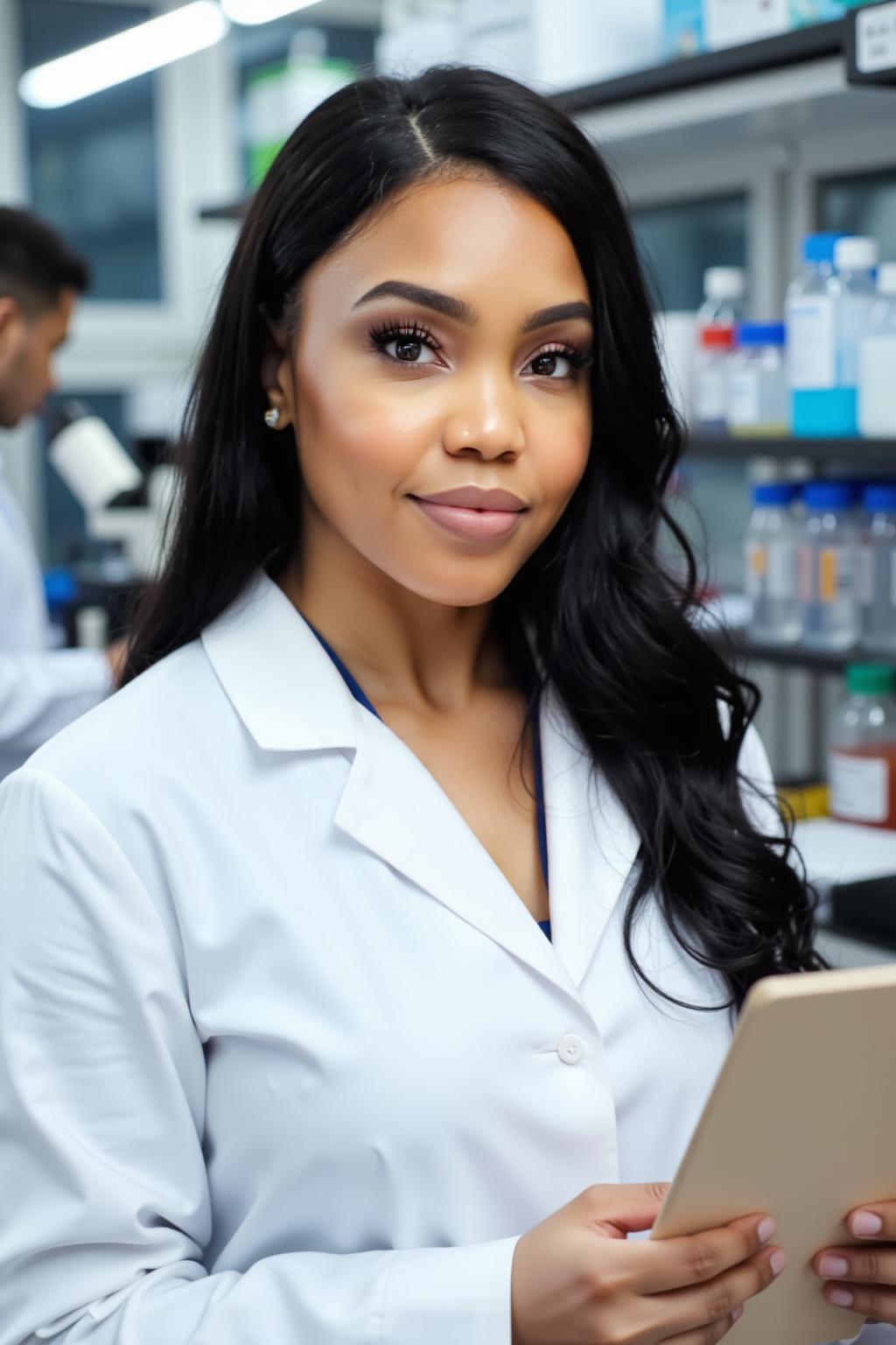 Young woman in a lab coat holding a tablet in a laboratory setting with scientific equipment behind her.
