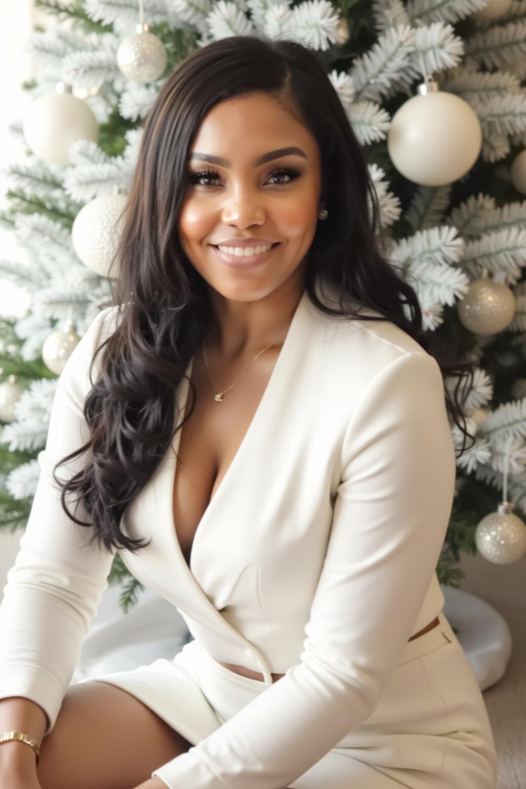 Woman with long dark hair smiling, wearing a white dress, sitting in front of a decorated Christmas tree.