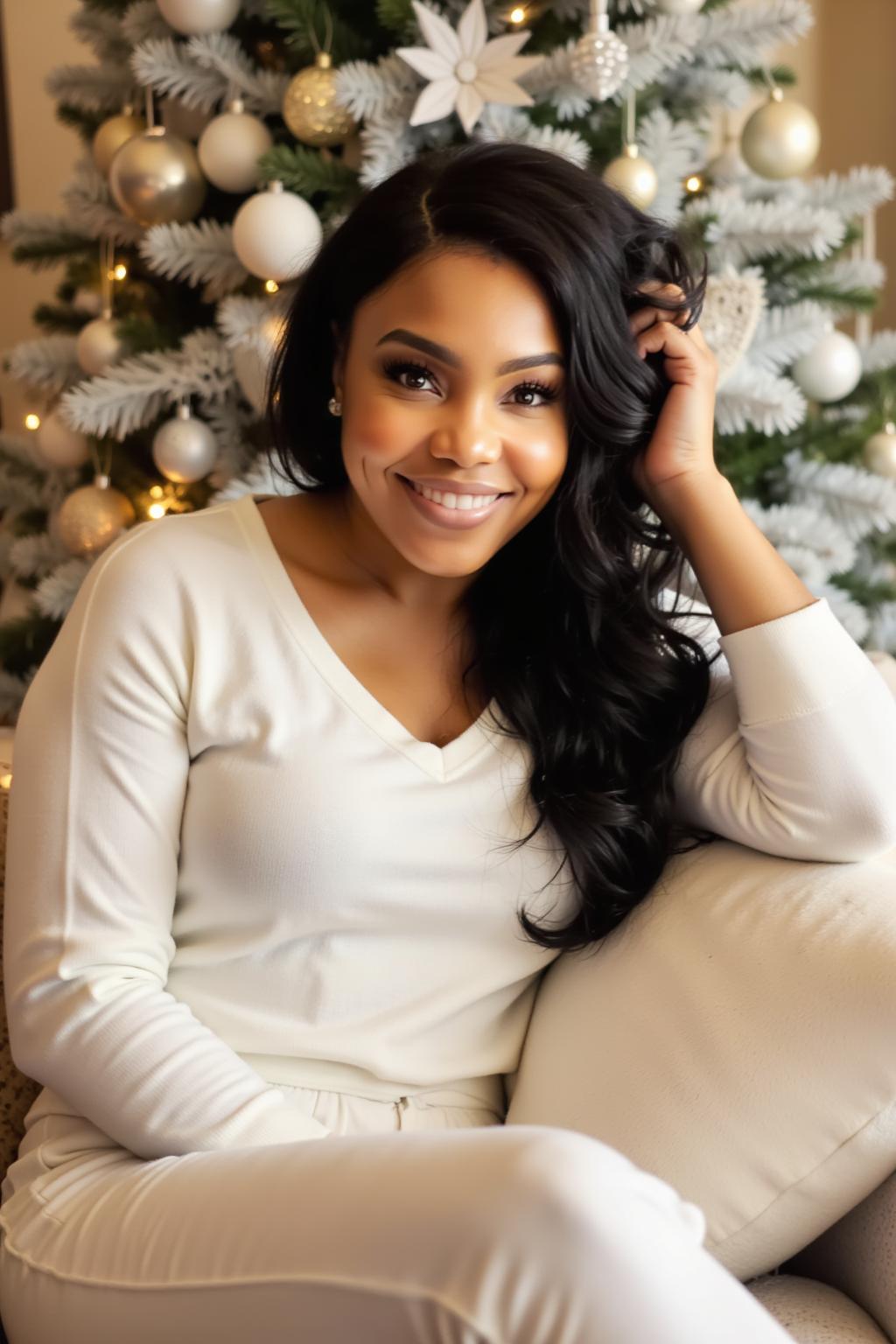 Smiling woman with long dark hair sitting in front of decorated Christmas tree, wearing a white top and pants.